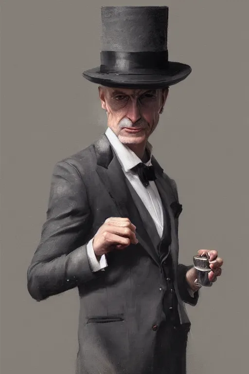 Prompt: a grey hair man with stubble top hat and suit by Greg Rutkowski, painting, portrait, high details, trending on artstation