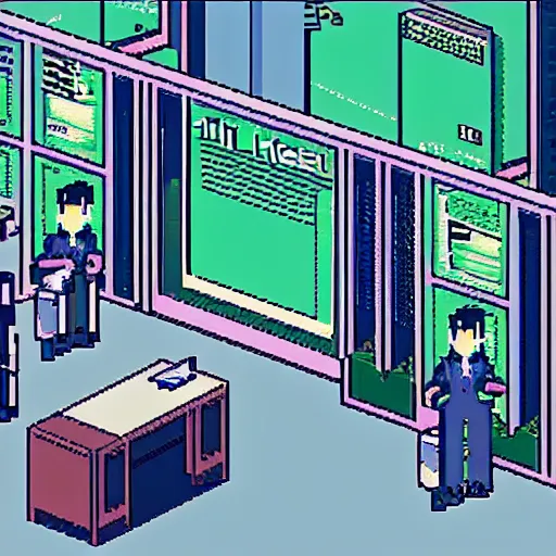 Image similar to pixel art of wallstreet office with brokers running between the bloomberg terminals, visual novel cg, 8 0 s anime vibe, vaporwave nostalgia, tsukihime, muv - luv, baldr sky, kimagure orange road, maison ikkoku, city hunter, great teacher onizuka