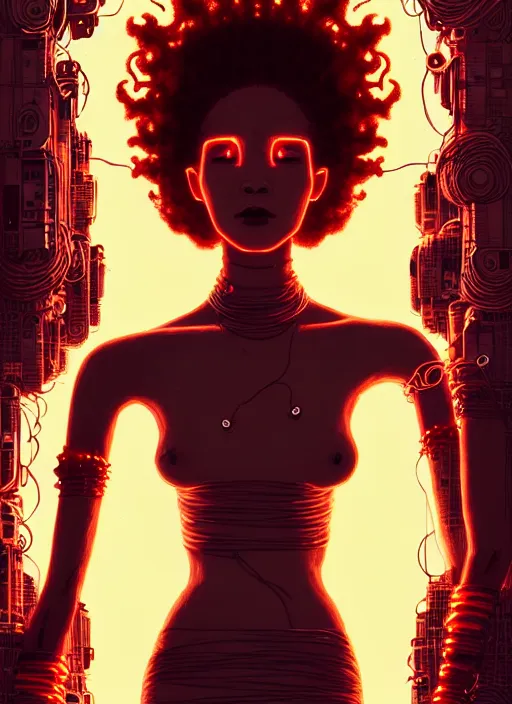 Prompt: highly detailed portrait of an android long curly fire hair tribal lady, stray wiring by atey ghailan, james gilleard, by joe fenton, by greg rutkowski, by greg tocchini, by kaethe butcher, 4 k resolution, gradient red, orange, black and white color scheme!!! ( ( burning flaming robotic dystopian city background ) )