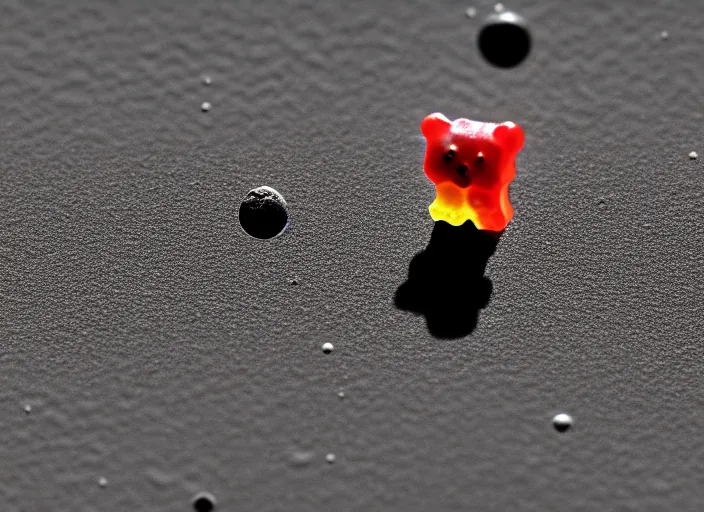 Image similar to a gummy bear walking on the moon staring back at a tiny earth, photorealistic, 5 5 mm, 1 6 k details, hyperrealist, side shot, wide lens, cinematic