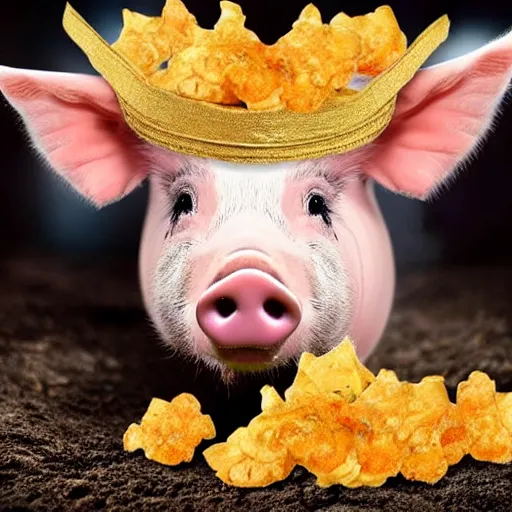 Prompt: pig wearing a gold crown swimming in bag of pork rinds