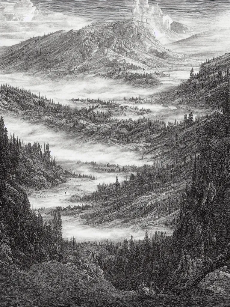 Image similar to an engraving of yellowstone national park by gustave dore and albrecht durer highly detailed, fog, depth, lithograph engraving, storybook illustration