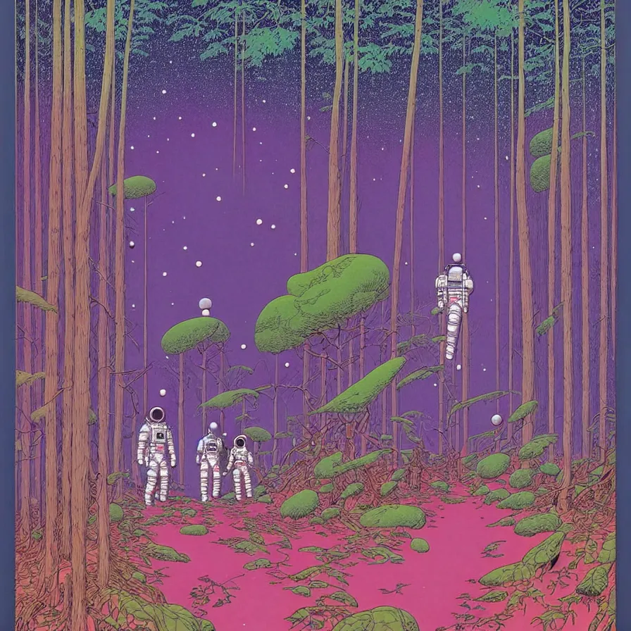 Prompt: ( ( ( ( astronauts walking through a mysterious forest, with decorative frame design ) ) ) ) by mœbius!!!!!!!!!!!!!!!!!!!!!!!!!!!, overdetailed art, colorful, artistic record jacket design