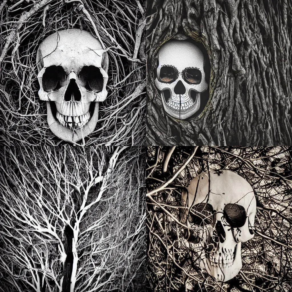 Prompt: optical illusion of a skull pattern formed in tree branches nature photography