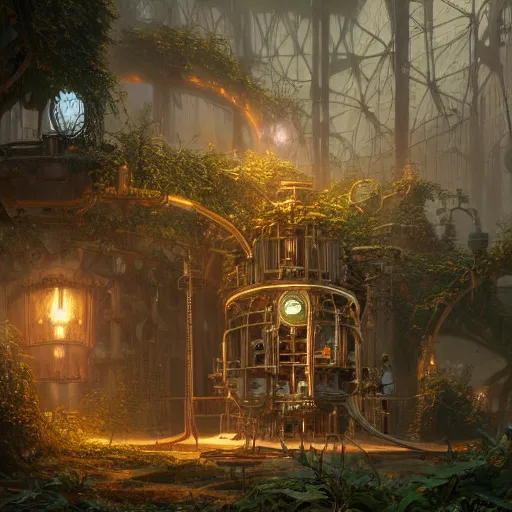 Prompt: a ultradetailed beautiful concept art of the core of a intricate steampunk machine where vegetation have start to peacefully grow in harmony with the machine, dynamic lighting, cinematic lighting, magical atmosphere, concept art, high resolution 4 k, by tom bagshaw, greg rutkowski, charlie bowater and artgeem