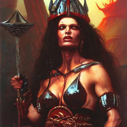 Prompt: barbarian queen of saturn, by brom. oil on board painting.