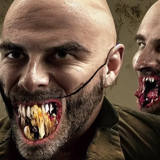 Prompt: a photo of a bald man with a pointy beard being eaten by zombies