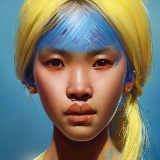 Image similar to filipino girl with blue - yellow hair and a nose band aid, metal bandaid in the nose, highly detailed, digital painting, artstation, concept art, smooth, sharp focus, illustration, art by artgerm and greg rutkowski and alphonse mucha