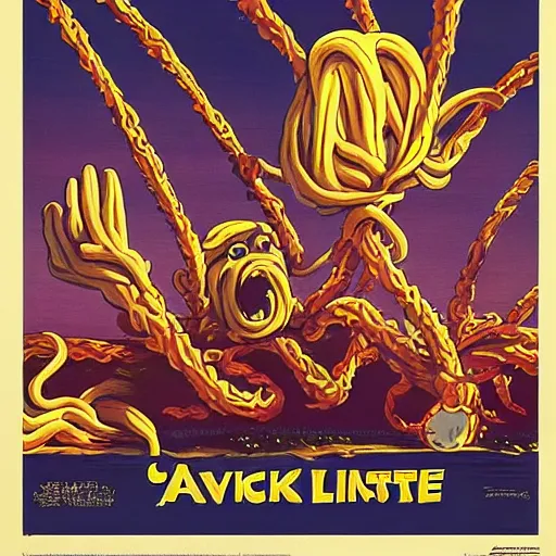 Image similar to attack of the flying spaghetti monster, movie art poster, by gerard brom and ansel adams