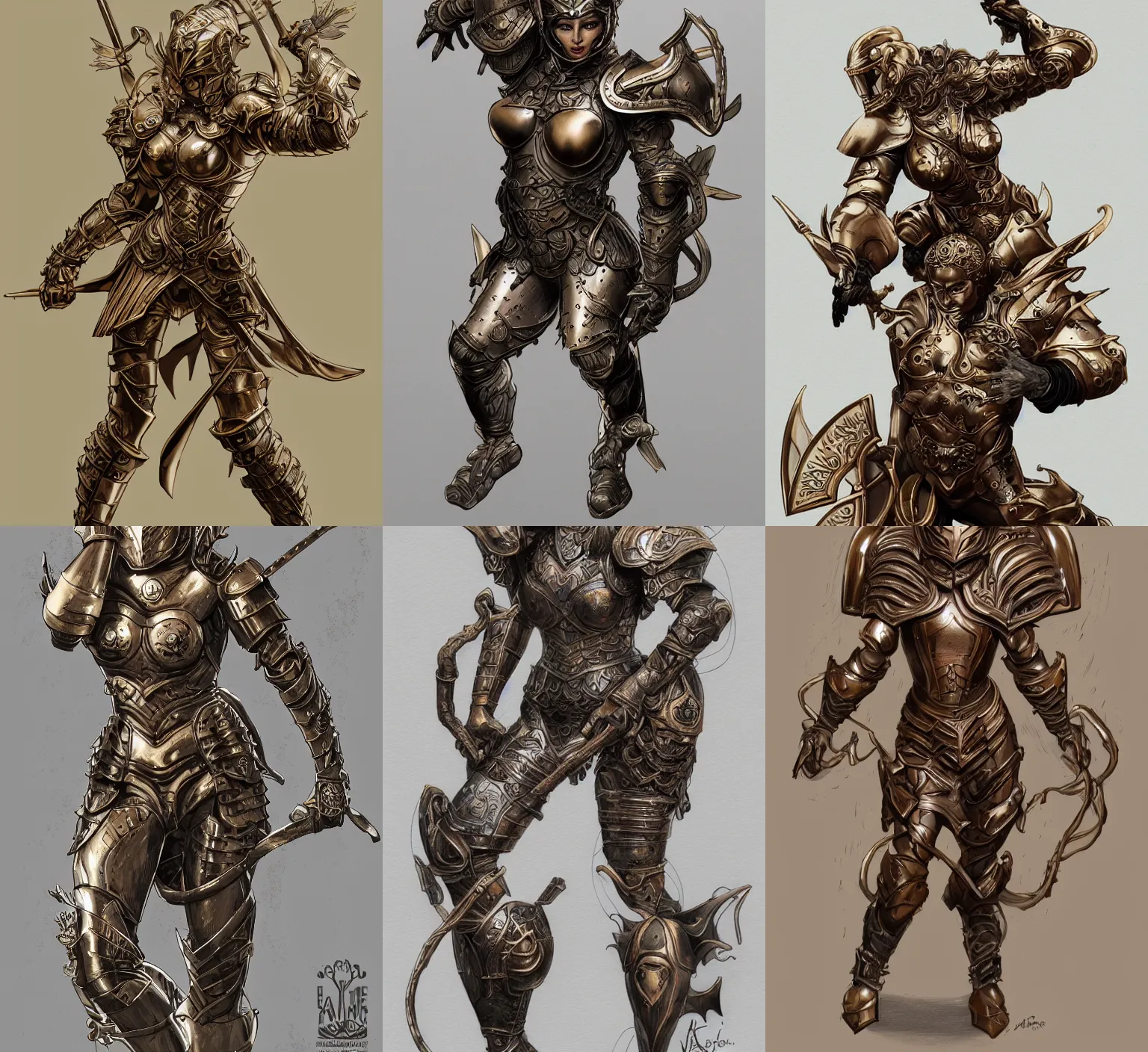 Prompt: amy yasbeck, in thick full bronze armour, open faced bronze helmet, full body, porcelain highlighted skin, detailed face, bulging muscles, flowy hair, passionate pose, intricate, elegant, sharp focus, highly detailed linework, trending on artstation, by kim jung gi