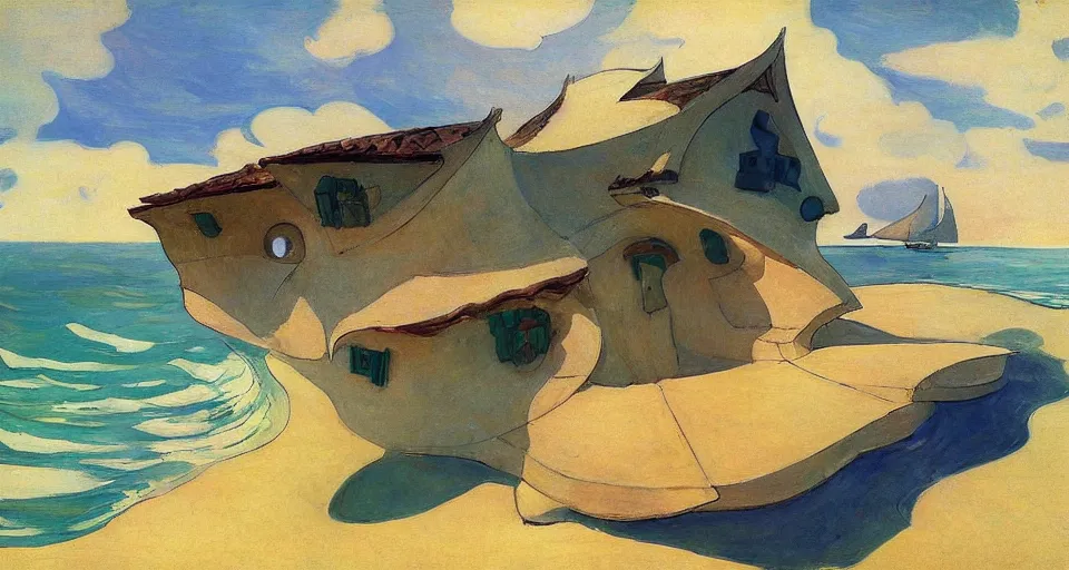 Image similar to seashell - shaped house, by moebius, joaquin sorolla, in the style of zelda windwaker