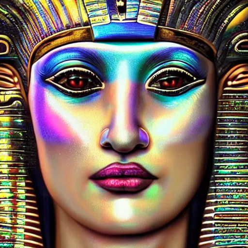 Prompt: a hyper realistic close up portrait of an Ancient Egyptian goddess of cyberpunk, by Alex Grey, dark rainbow, fractalism, motherboard circuitry, surrealism, high definition, photorealism, bokeh