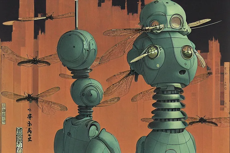 Prompt: gigantic dragonflies with human faces catch tiny robots, a lot of exotic mechas robots around, human heads everywhere, risograph by kawase hasui, dirtyrobot, edward hopper, satoshi kon and moebius, colorful flat surreal design, super - detailed, a lot of tiny details, fullshot