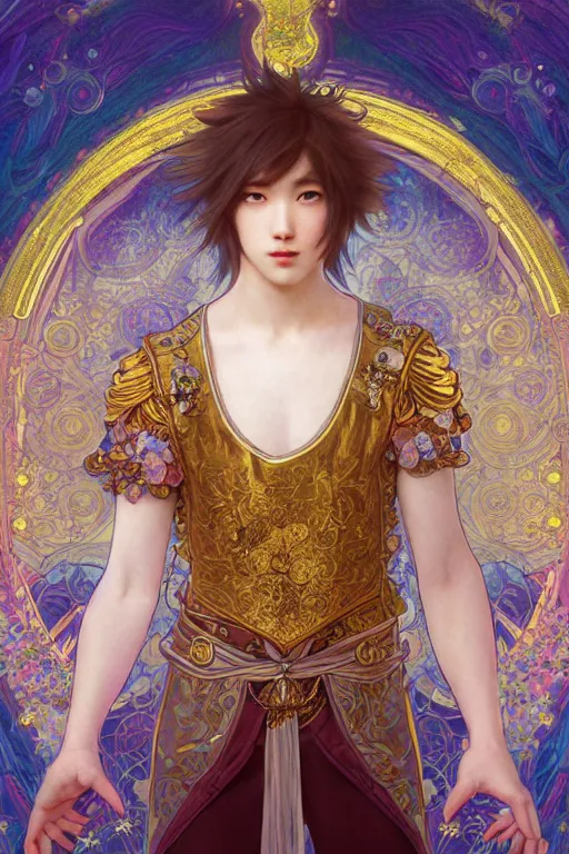 Image similar to fullbody portrait of a young hero with strange hairs, soft smile, baroque cloth, luminous scene, final fantasy and legue of legends champion, by chengwei pan and alpfons mucha, gradient white to gold, in front of an iridescent magical building background, highly detailed portrait, digital painting, smooth, focus illustration