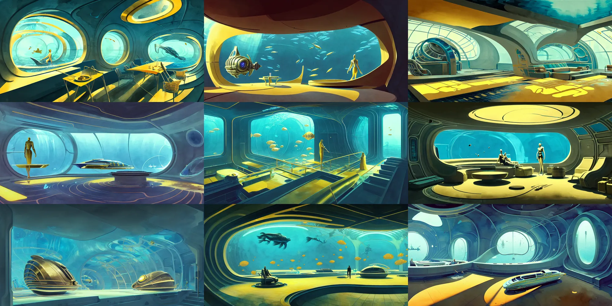 Prompt: a beautiful illustration of futuristic interior layout of underwater rupture, bioshock, art deco, big medium small, golden ratio, in watercolor gouache detailed paintings, in style of syd mead, trending on artstation, 8 k, panel, hard surface, vent, zaha hadid, props, cozy, decoration, simon stalenhag, deus ex