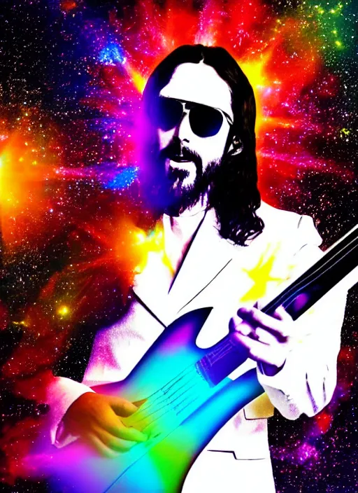 Prompt: Jesus playing guitar wearing shades & white suit, melting colors, nebula, cosmos, space, 4x upscaled, psychedelic, spiritual art, light language coming from the guitar