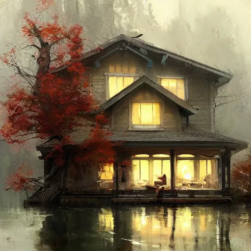 Prompt: a house by the lake, painted by raymond swanland, painted by greg rutkowski, painted by jeremy mann, painted by artgerm, painted by igor kieryluk, trending on artstation