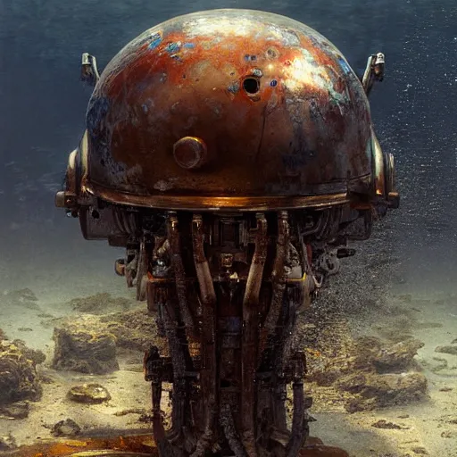 Image similar to a photograph of a robot endoskeleton submerged and rusted in the water, cinematic, volumetric lighting, f 8 aperture, cinematic eastman 5 3 8 4 film, photorealistic by greg rutkowski, by stanley artgerm, by alphonse mucha