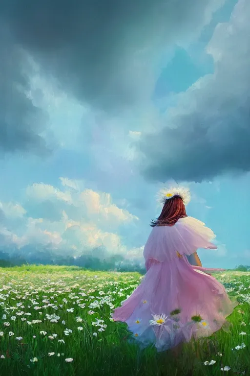 Image similar to large white daisy flower face, girl with veil walking in a flower field, surreal photography, sunrise, dramatic light, impressionist painting, colorful clouds, digital painting, artstation, simon stalenhag