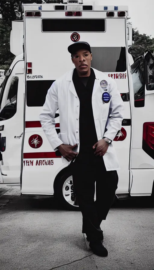 Prompt: dramatic award winning photo dr. dre wearing a stethoscope, lab coat, black baseball cap, in front of an ambulance outside of a hospital, low angle shot, cinematic lighting