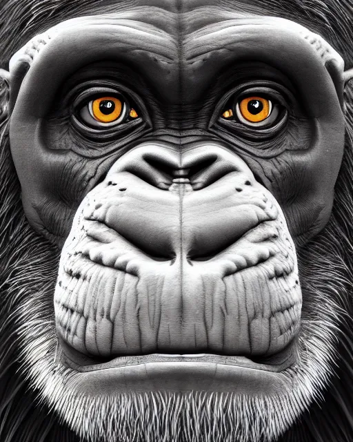 Image similar to fantasy art, very detailed high resolution illustration portrait of a chimpanzee, 3 d, 8 k, extremely detailed, artstation