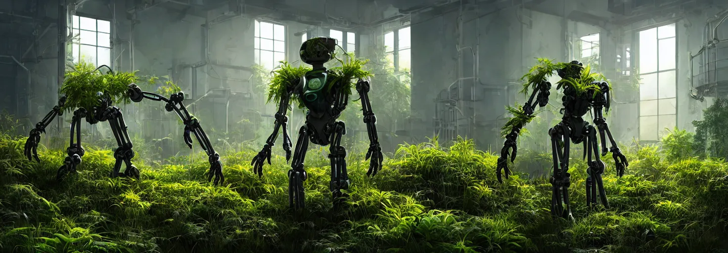 Image similar to brightly sunlit overgrown with plants and abandoned chemistry scientific laboratory from the distant future staffed by one dysfunctional dilapidated multiarmed bipedal robot, science fiction industrial hard science concept art, 8K render octane high definition cgsociety