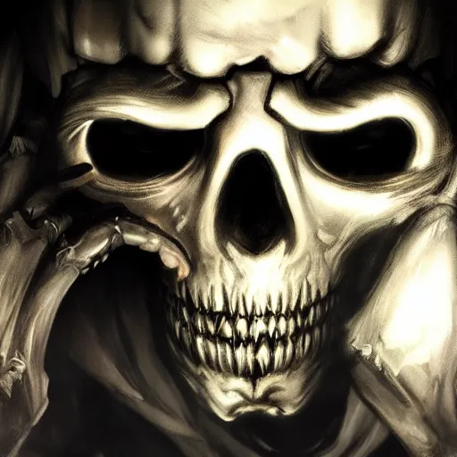 Image similar to photorealistic dark fantasy concept art of nightmare sans with his eye glowing, dynamic lighting, stunning visuals, ray tracing, beautiful scenery, cinematic, full body portrait, ultra detailed, hyper detail, stunning detail