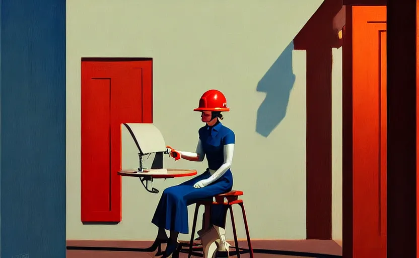 Image similar to Portrait of a woman engineer with helmet, very coherent, painted by Edward Hopper, painted by James Gilleard, airbrush, art by JamesJean