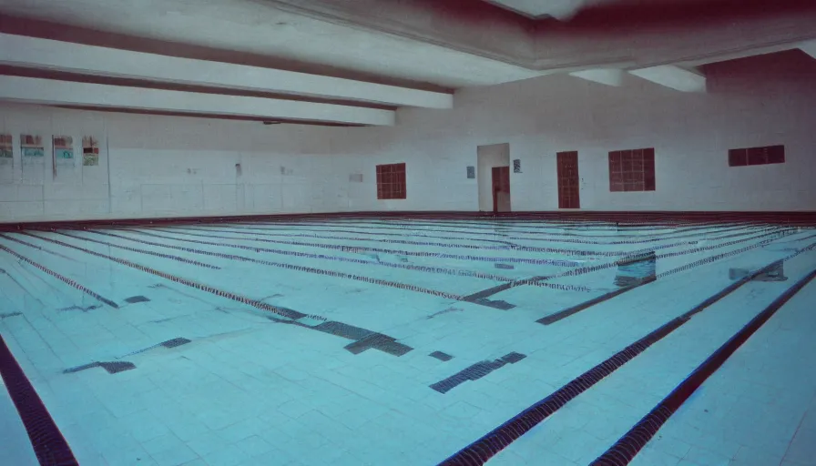 Image similar to 60s movie still of a sovietic stalinist style empty municipal swimming pool with tiles, cinestill 800t 50mm eastmancolor, liminal Space style, heavy grain-s 150