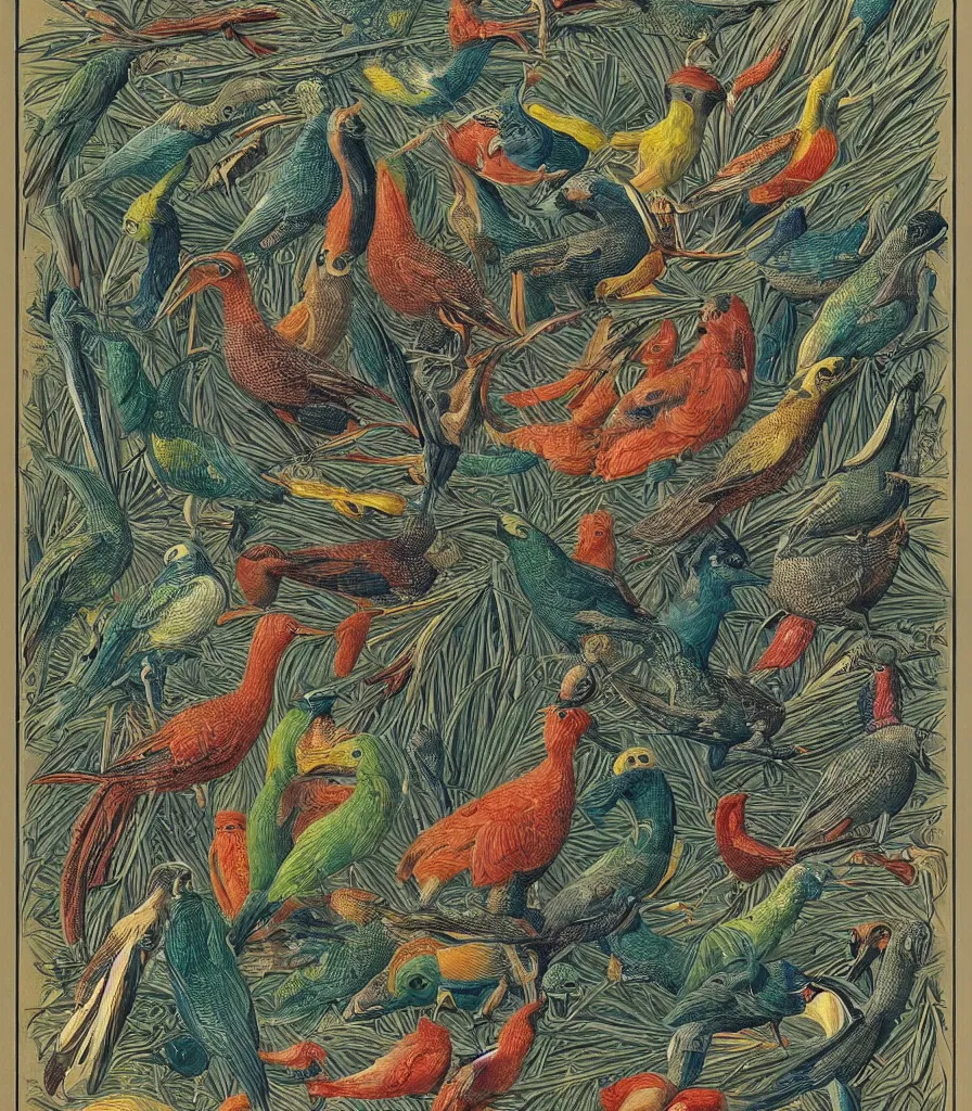 Image similar to brilliant alien birds color scientific illustration by Ernst Haekel, color illustration with orthographic views