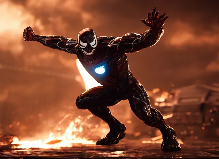 Image similar to venom fused with iron man, ultra realistic 4 k unreal engine render with ray tracing bloom ambient occlusion