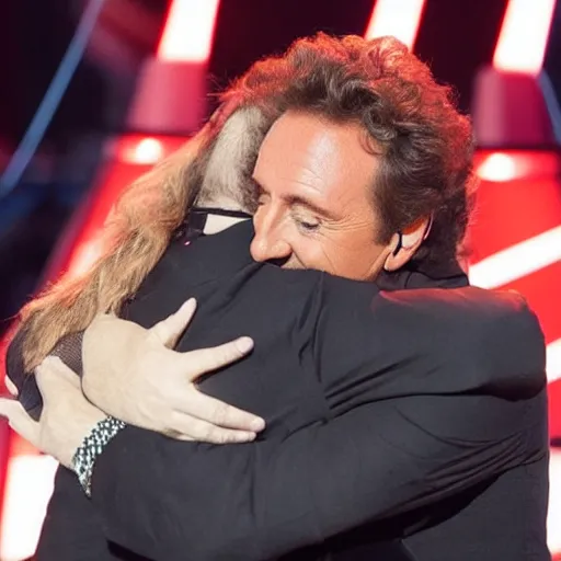 Image similar to marco borsato hugging young star on stage at the voice