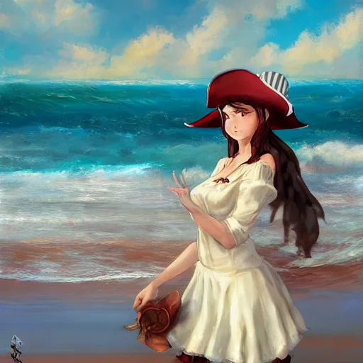 Image similar to dancing brunette milk maid woman wearing a pirate hat shore seascape in the style of Krenz Cushart