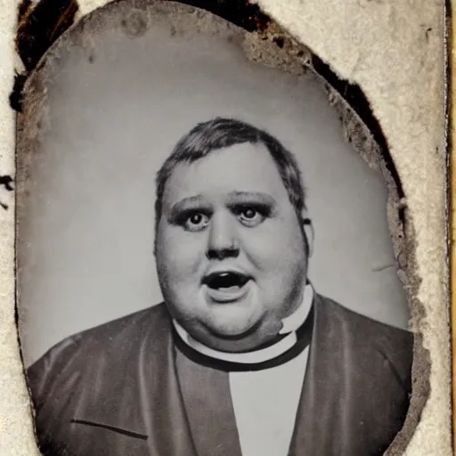 Prompt: antique photograph of an evil catholic priest, cracked and faded photo paper, morbidly obese, crazy eyes wide open, horror, staring at the camera with hate, headshot, dark background, low light, dark