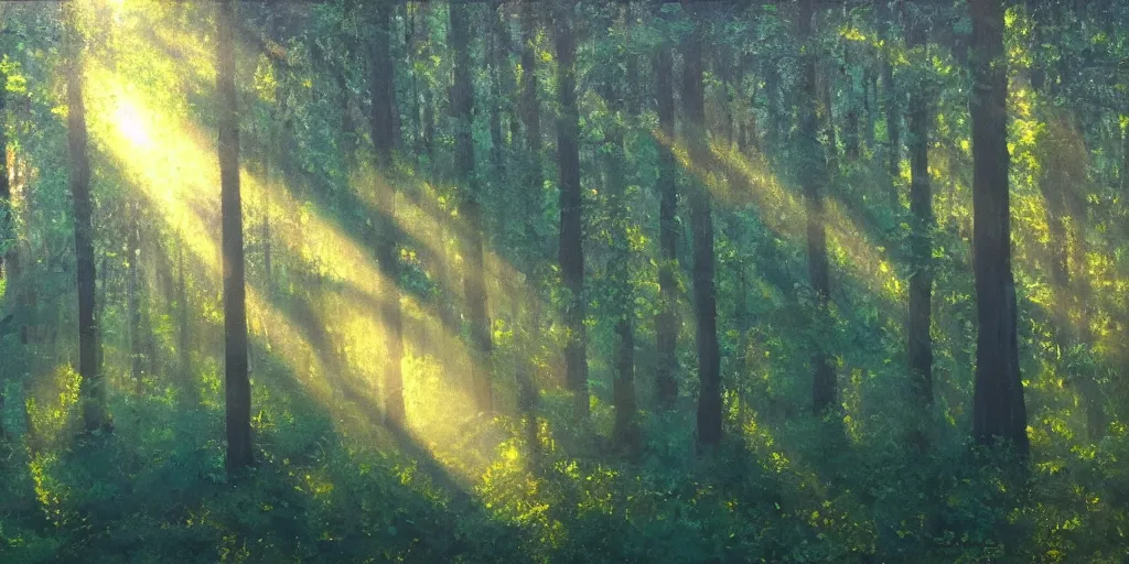 Image similar to An oil painting of an intensely beautiful forest in the morning; rays of light coming through the canopy