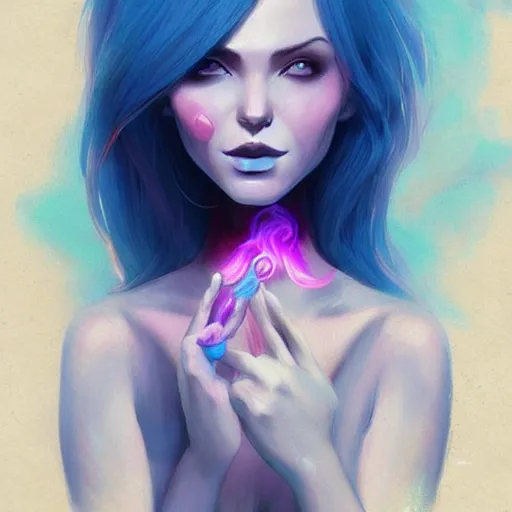 Image similar to A beautiful blue alien woman, pretty, pink smoke, artstation, deviantart, Charlie Bowater