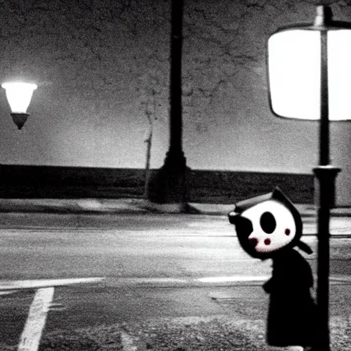Prompt: film still of a bloodied psycho killer with a hello kitty mask walking on an empty street beneath a lamp, grainy, horror movie, creepy, eerie, dark, great cinematography, amazing lighting, directed by scott derrickson