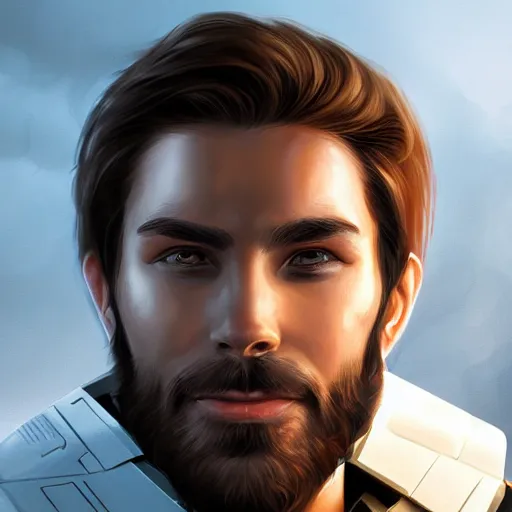 Image similar to Portrait of a man with brown hair and beard smiling in futuristic Star Wars imperial armor, digital art, realistic, artstation, detailed