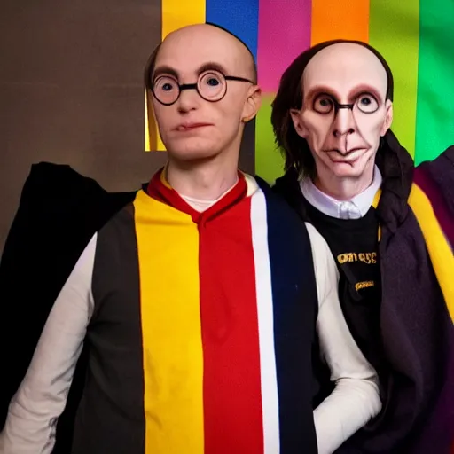 Image similar to harry potter hugs voldemort pride flag in background