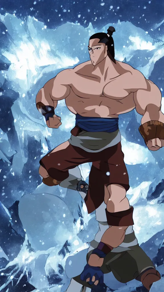 Prompt: a buff guy, with ice powers, standing in a snowy vista. still from avatar the last airbender ( 2 0 0 9 ). anime style. 4 k hd wallpaper. premium prints available.