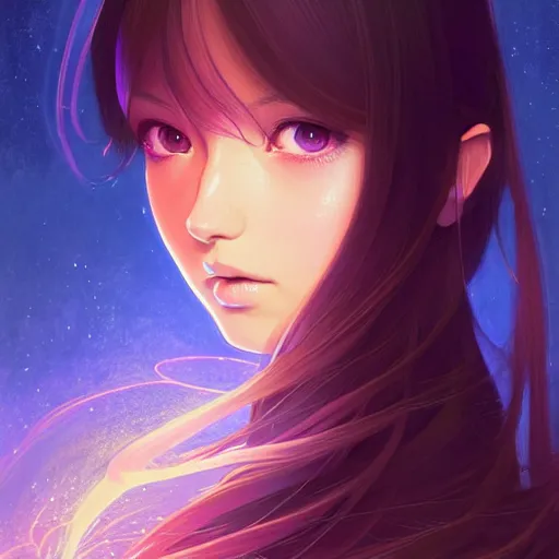 Image similar to a beautiful girl with long dark hair, going through a portal between worlds, intricate, highly detailed, digital painting, artstation, official media, anime key visual, concept art, rich vivid colors, ambient lighting, sharp focus, illustration, art by Artgerm, Makoto Shinkai, Ilya Kuvshinov, Lois Van Baarle, and Rossdraws