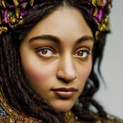 Image similar to kodak portra 4 0 0, 8 k, artstation, soft light, volumetric lighting, highly detailed, britt marling style 3 / 4 extreme close - up portrait photography of a beautiful woman pre - raphaelite, inspired by thandiwe muriu, royal woman wearing ornate art nouveau orchid headdress, realistic, refined, highly detailed