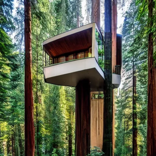 Prompt: modern futuristic treehouse in California redwood forest, enormous trees, dense forest