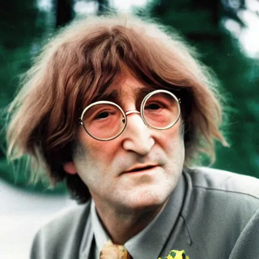 Image similar to A colored colorized real photograph of old John Lennon as an old man in his eighties with short hair in the 2010s, Old John Lennon, taken in the early 2020s, taken on a 2010s Camera, realistic, hyperrealistic, very realistic, very very realistic, highly detailed, very detailed, extremely detailed, detailed, digital art, trending on artstation, headshot and bodyshot, detailed face, very detailed face, very detailed face, real, real world, in real life, realism, HD Quality, 8k resolution, intricate details, colorized photograph, colorized photo, John Lennon as an old man with short hair, old, old man