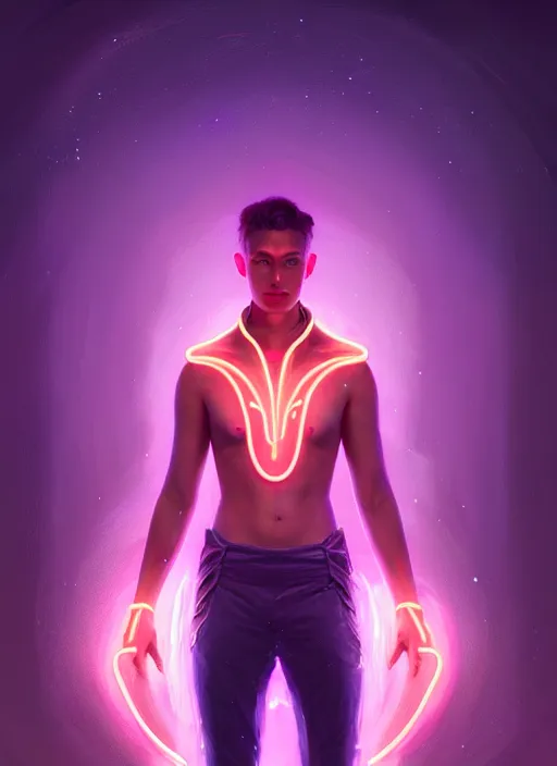 Image similar to a male faceless glowing liquefied stardust adventurer, dnd fantasy character, full body portrait, glowing neon skin, magical aura, ultra realistic, intricate, elegant, highly detailed, digital painting, artstation, smooth, sharp, focus, illustration, art by artgerm and greg rutkowski and alphonse mucha