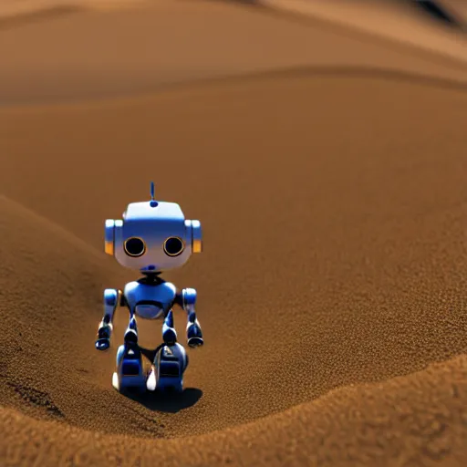 Image similar to a cute little robot out sand. super realistic 8 k render of a elegant, cinematic composition