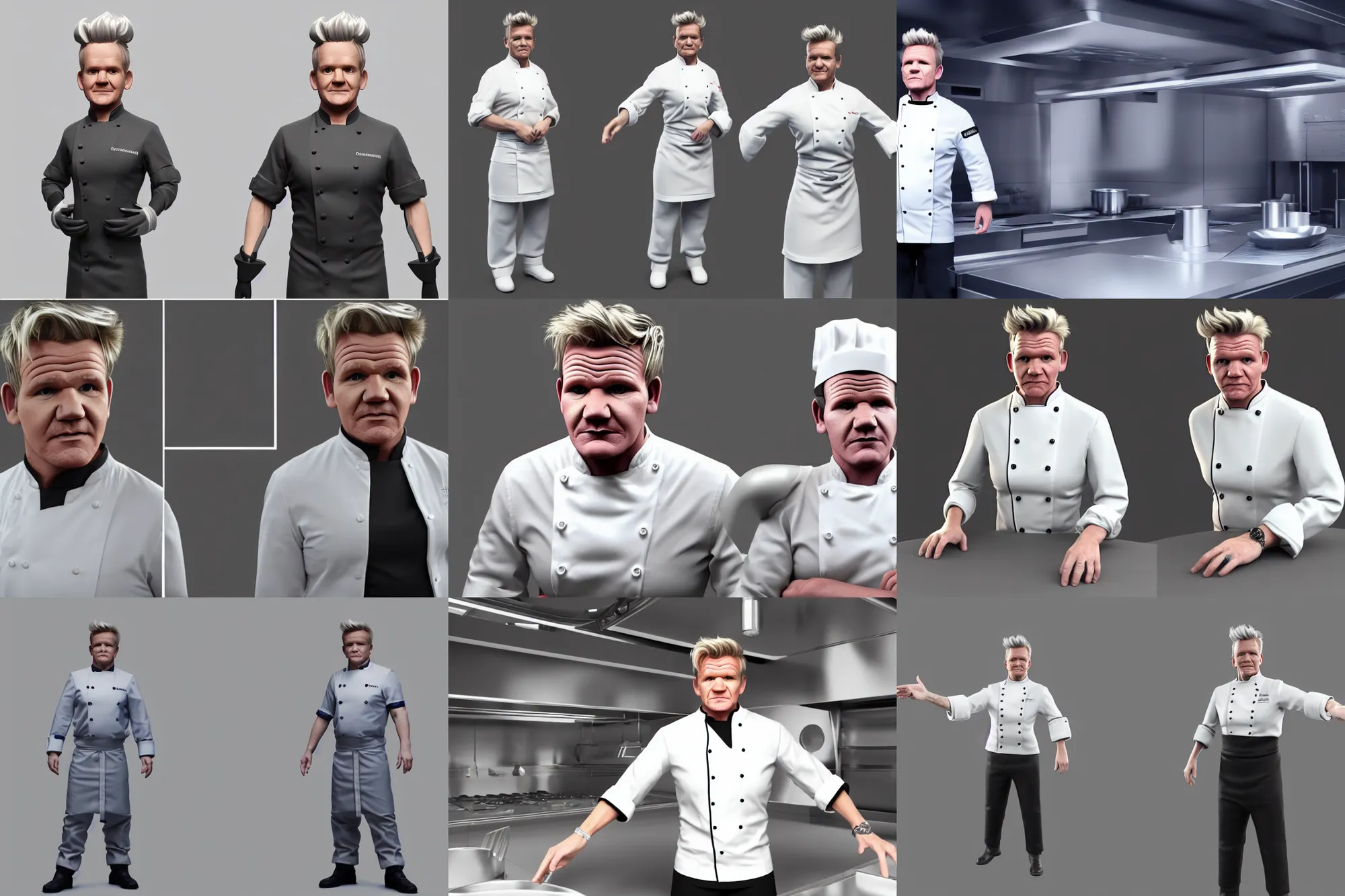 Prompt: gordon ramsay in a futuristic chef uniform, a 3 d render by a senior character artist, trending on polycount, hard surface modeling, high - poly, rendered in maya, polycount