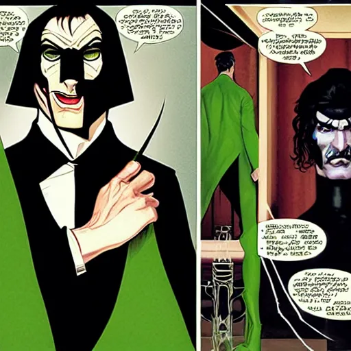 Image similar to Adam Hughes comic art, wide shot, handsome elegant male Nikola Tesla, futuristic spy, kabuki mask, beautiful evil sneer, symmetrical face, symmetrical eyes, leather clothing and boots, long straight green black hair, full body, Indigo occult pattern