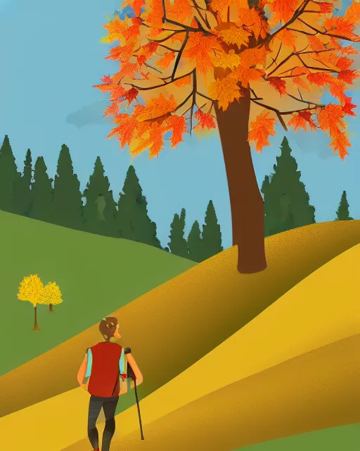 Image similar to autumn hillside boy hiking illustration detailed, matte print