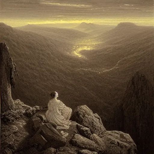 Image similar to A lonely widow looks from a mountaintop, mountains, gorgeous view, velly distant forest, distant city, distant glow, night, sunset, dramatic light, Chiaroscuro, long shadows, dark, masterpiece, high detail, detailed, illustration by Paul Gustave Doré